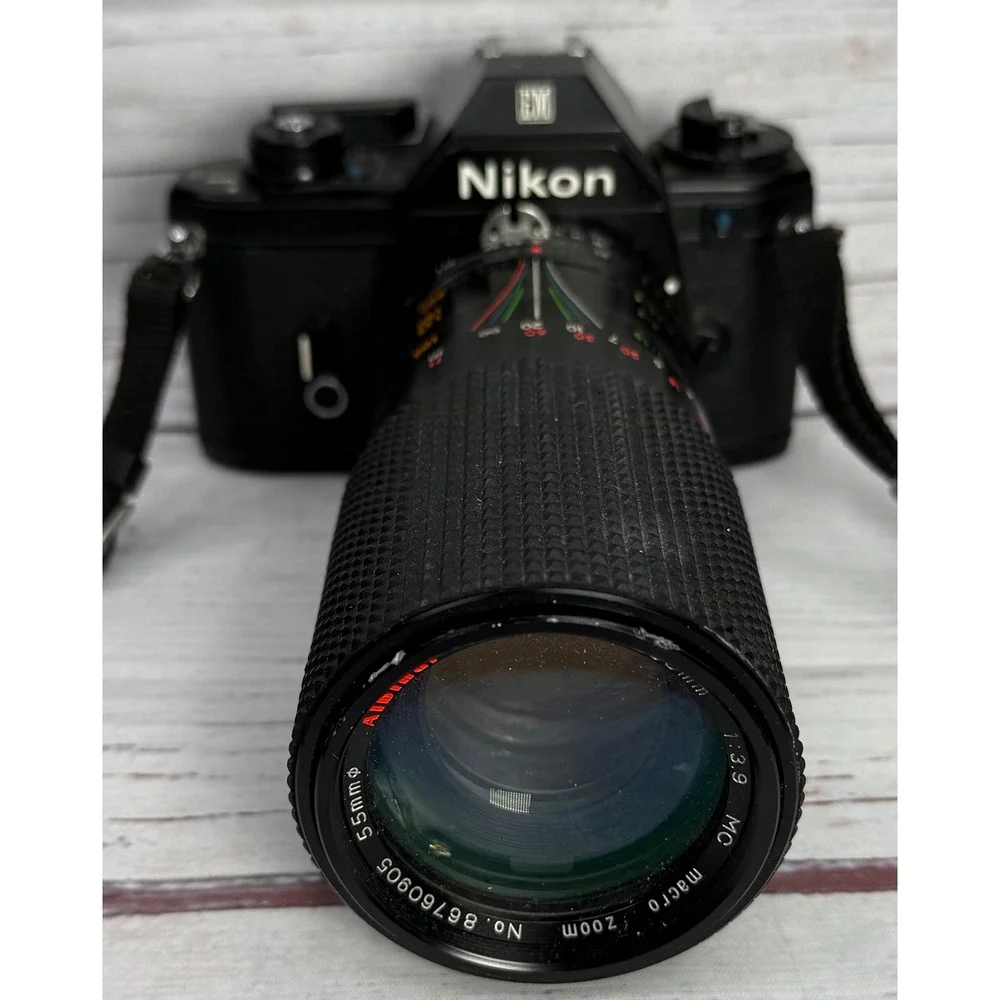 Nikon EM 35mm SLR Film Camera with Albinar ADG 80-200mm f3.9 Macro ZoomLens READ